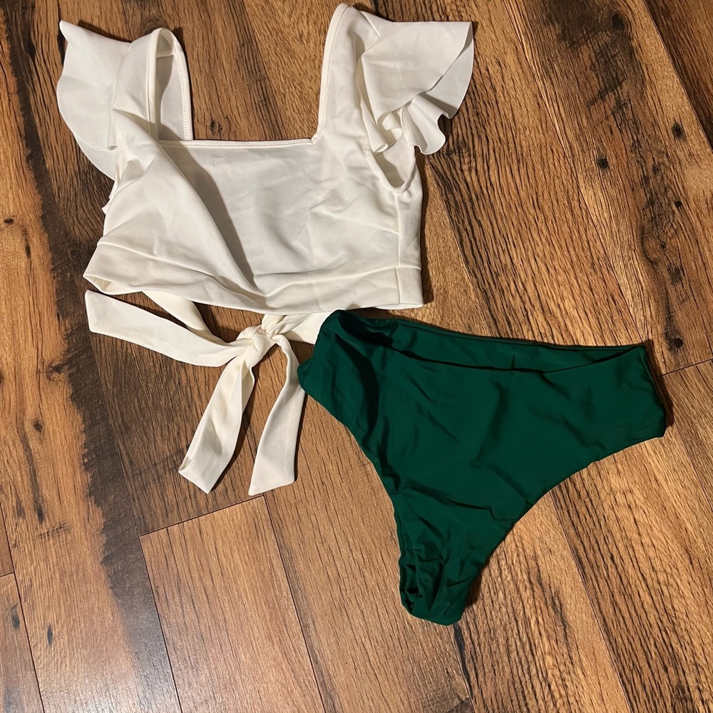 SHEIN Cream and Green Ruffle Bikini Set